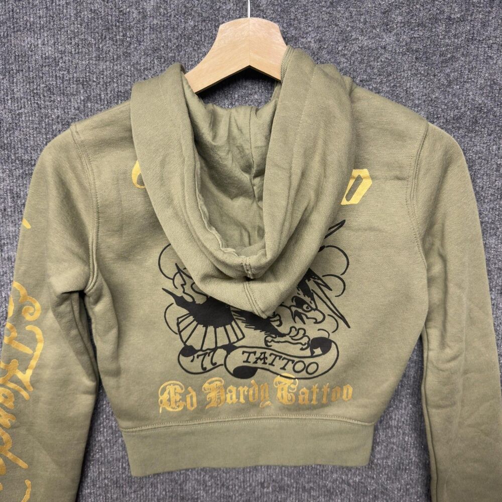 Ed Hardy Hoodie Womens XS Green Cropped Full Zip Tattoo Graphic Skull Eagle Y2K - Picture 12 of 12